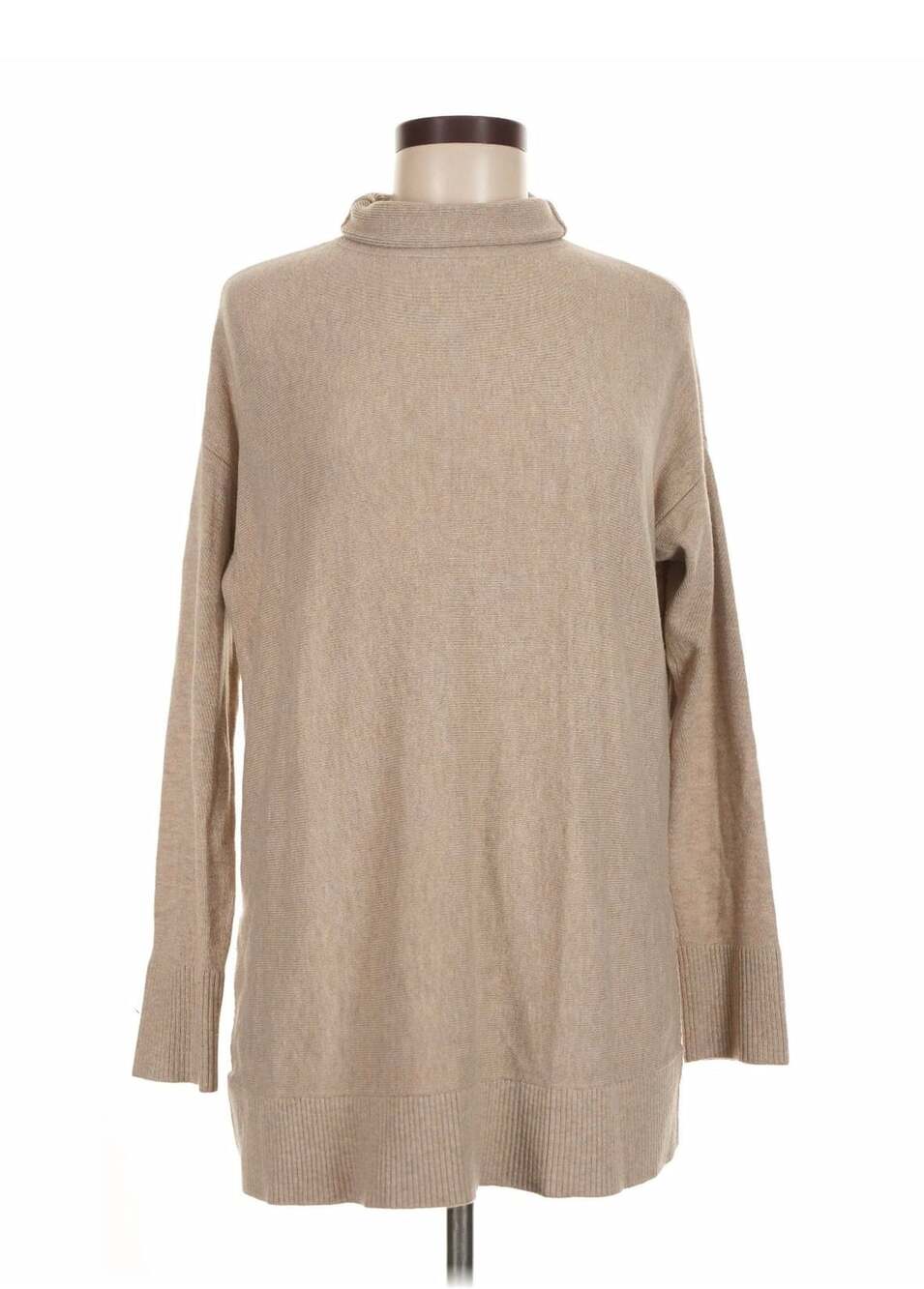 LOFT Mock Neck Tunic Sweater Size M Beige Knit Pullover